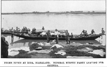 Niger River at Idda, Igabaland. Mineral survey party leaving for Onitsha, Nigeria